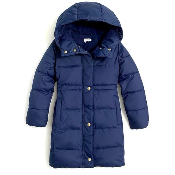 J CREW Crewcuts $168 Girl’s ANTIQUE NAVY Hooded Quilted Puffer Coat Jacket XXS